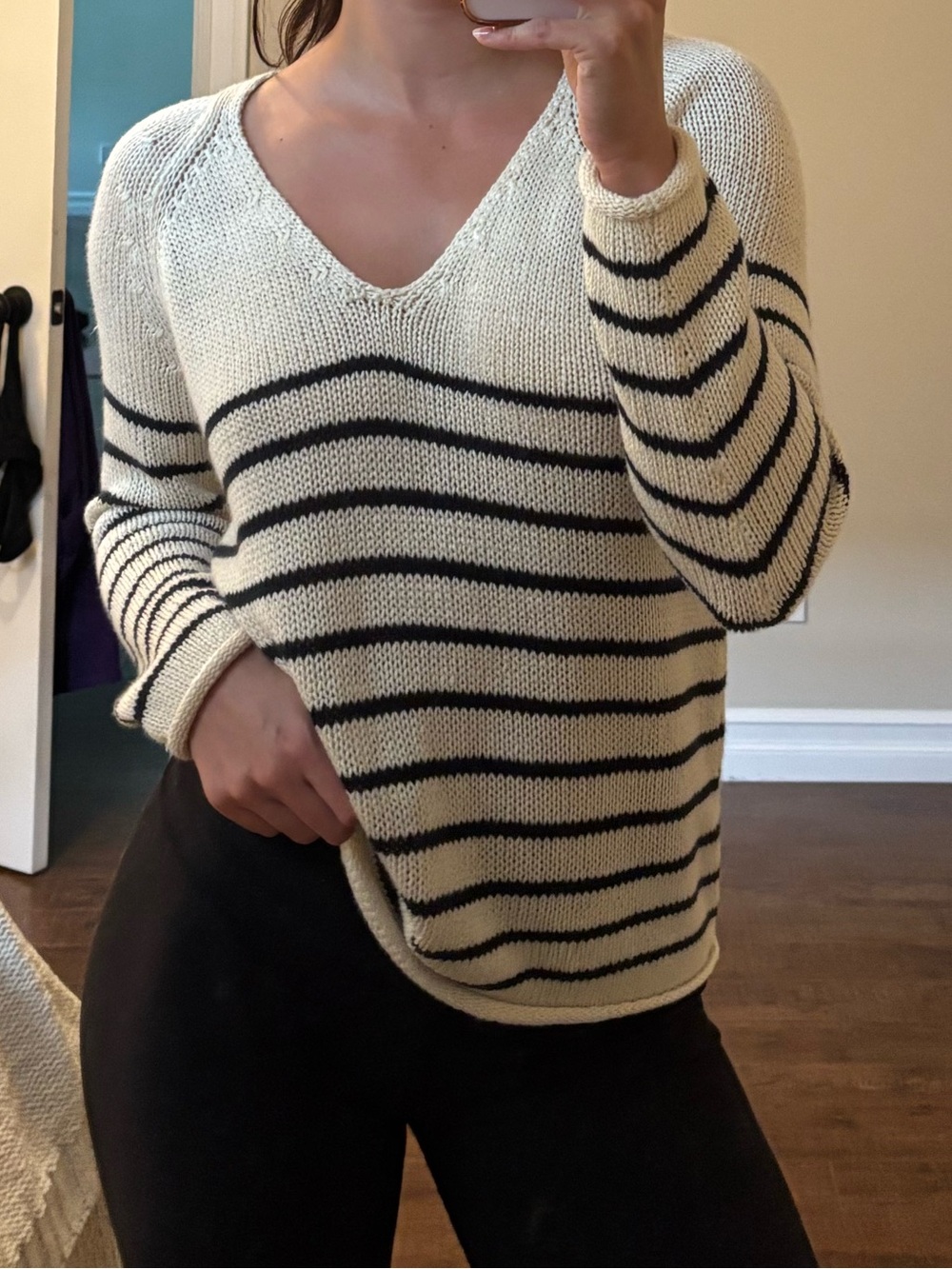 H&M V-Neck Striped Knit Sweater - Cream & Black